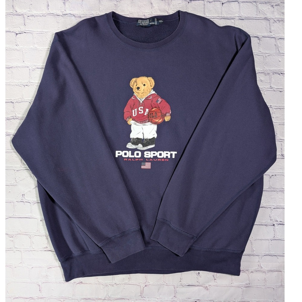 Vintage 90s Polo Ralph Lauren Polo Sport Basketball Bear Sweatshirt XXL Navy